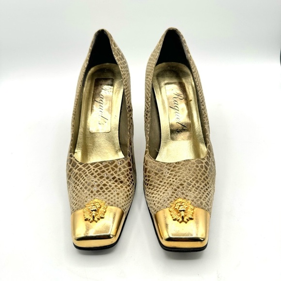 VINTAGE RAQUEL’S ANIMAL PRINT GREEN LEATHER HEEL SQUARE TOE GOLD MEDUSA HEAD 7.5 - Picture 3 of 14